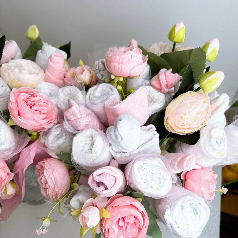 Diapers Peonies Flowers Bouquet, Baby Shower Gift